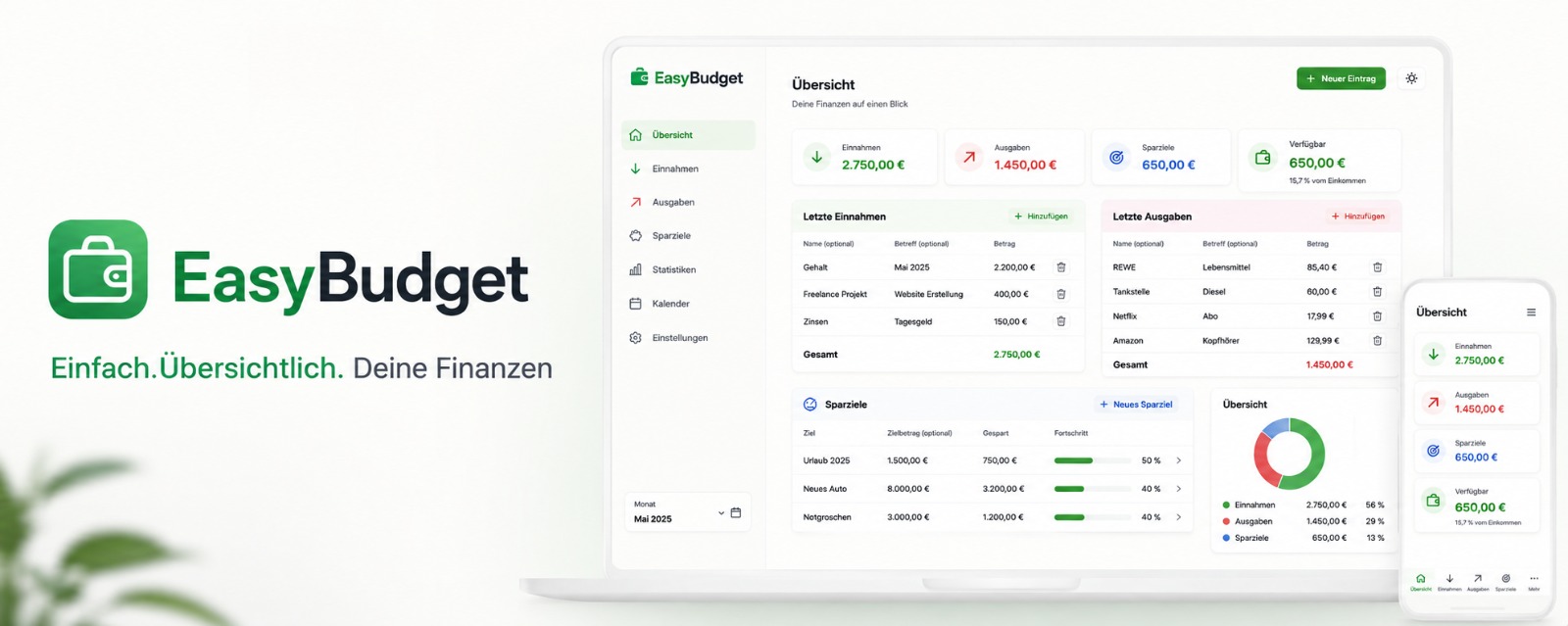 Übersichtsansicht von EasyBudget auf Desktop und Smartphone