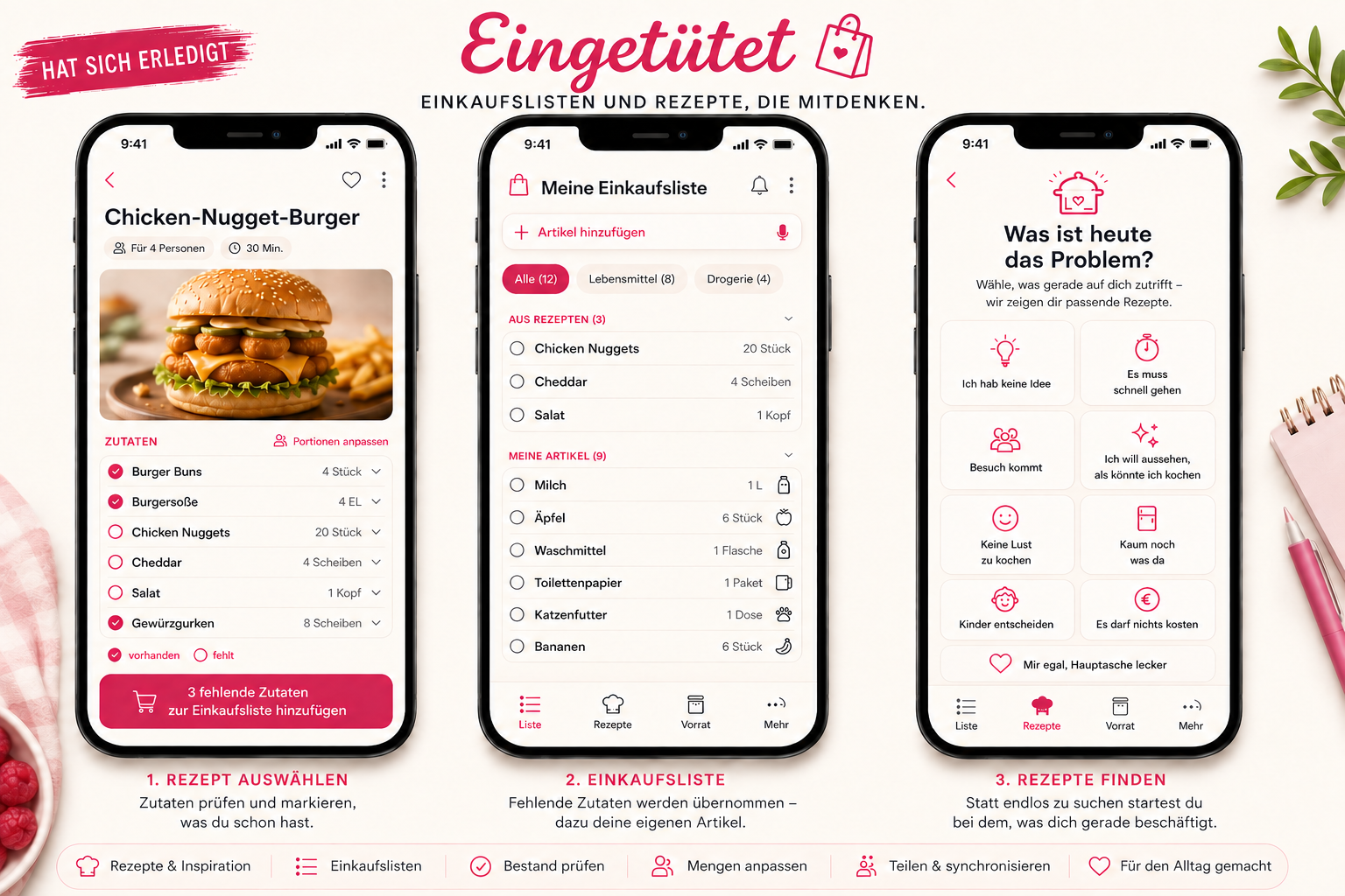 Konzeptansichten von Eingetütet mit Rezept, Einkaufsliste und Rezeptsuche